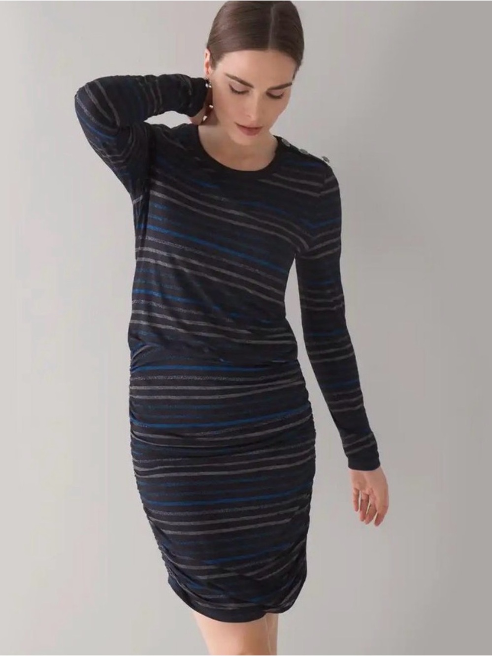 WHBM | New Lurex ruched long sleeve mini dress Women’s size L striped sapphire